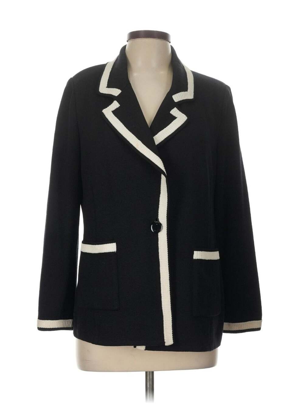 St John Caviar Wool Knit Cardigan Jacket 12 Black Ivory Contrast Trim Blazer